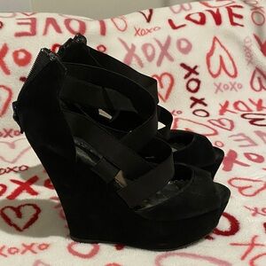 bebe Black Strappy Wedge Heels